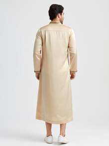 GENTILAND Loose Fit Men's Button Front Tape Detail Longline Kurta - Khaki - View 2