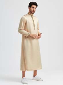 GENTILAND Loose Fit Men's Button Front Tape Detail Longline Kurta - Khaki - View 4
