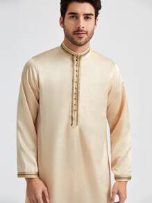 GENTILAND Loose Fit Men's Button Front Tape Detail Longline Kurta - Khaki - View 5