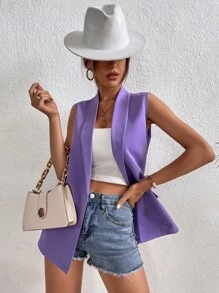 SHEIN Essnce Solid Shawl Neck Vest Blazer - Purple - View 5