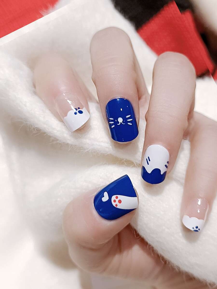 24入組卡通貓貓圖案假指甲和1張織帶和1入組指甲銼 - 藍白色 - 查看 1