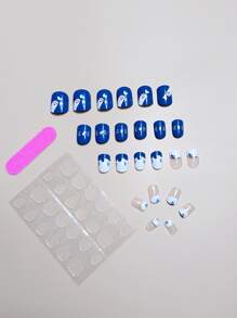 24入組卡通貓貓圖案假指甲和1張織帶和1入組指甲銼 - 藍白色 - 查看 2