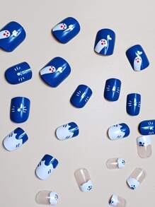 24入組卡通貓貓圖案假指甲和1張織帶和1入組指甲銼 - 藍白色 - 查看 3