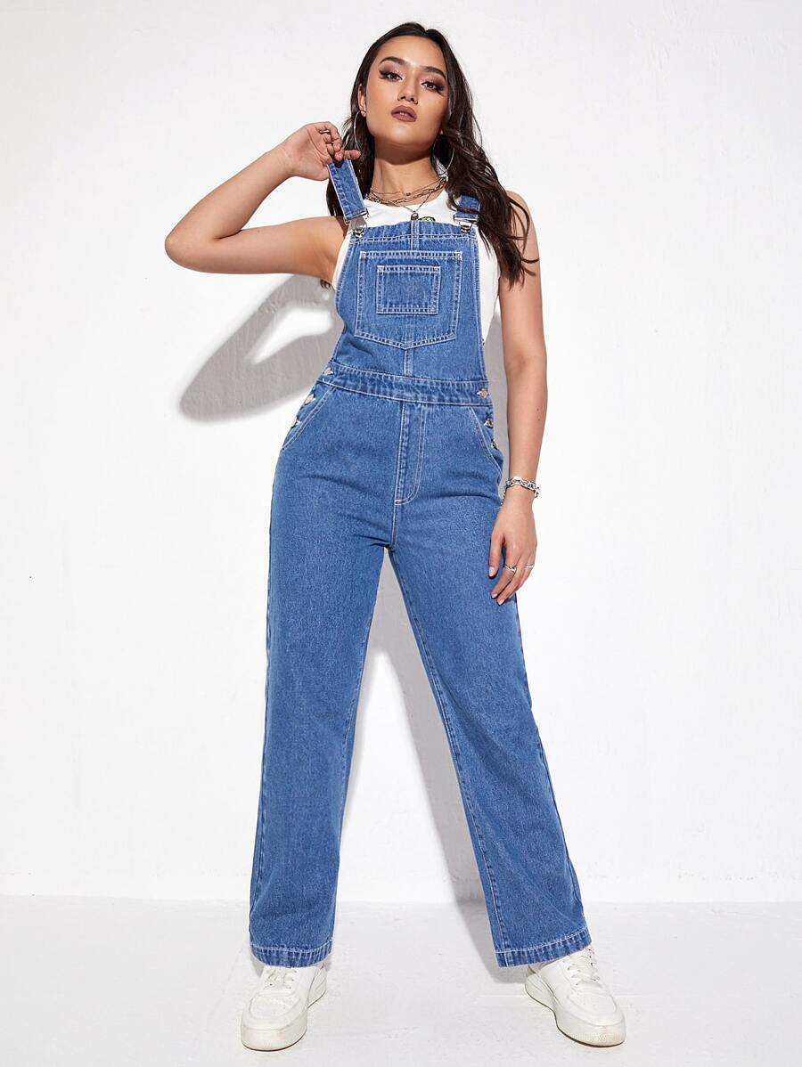 輕度水洗藍補丁口袋牛仔背帶連身褲 - 中等水洗藍 - 查看 1