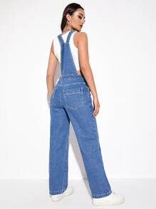 輕度水洗藍補丁口袋牛仔背帶連身褲 - 中等水洗藍 - 查看 2