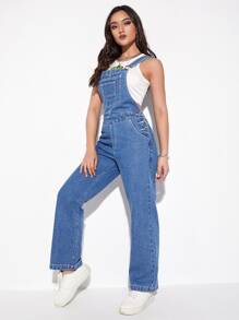 輕度水洗藍補丁口袋牛仔背帶連身褲 - 中等水洗藍 - 查看 5