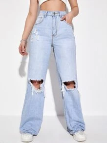 Jeans rotos de pierna ancha de talle alto - Lavado ligero - Ver 1