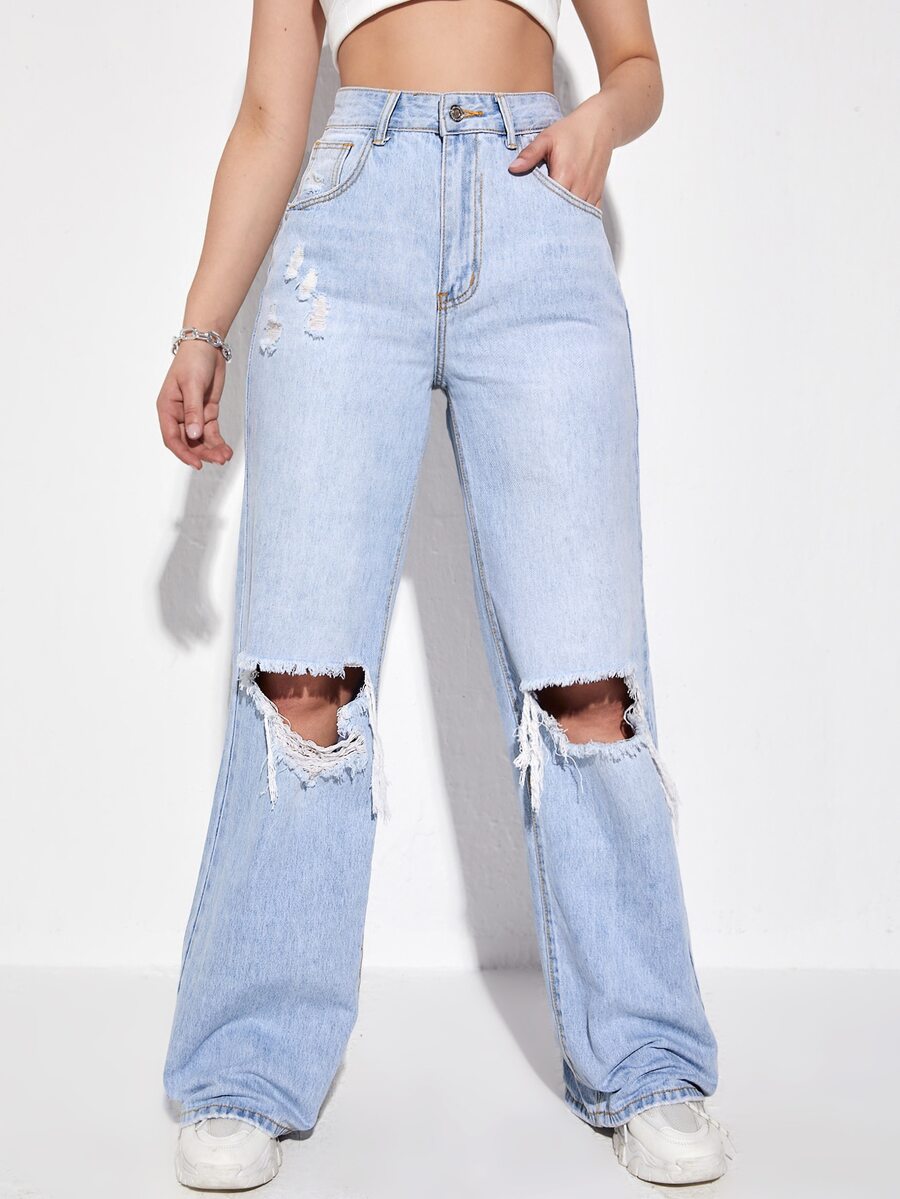 Jeans rotos de pierna ancha de talle alto - Lavado ligero - Ver 1