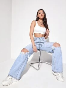 Jeans rotos de pierna ancha de talle alto - Lavado ligero - Ver 3