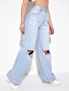 Jeans rotos de pierna ancha de talle alto - Lavado ligero - Ver 4