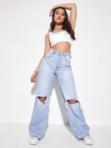 Jeans rotos de pierna ancha de talle alto - Lavado ligero - Ver 5