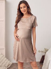 SHEIN Maternity Striped Nursing Lounge Dress - Khaki - View 4