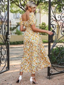 Allover Floral Print Shirred Ruched Bust Ruffle Hem Dress - Yellow - View 2