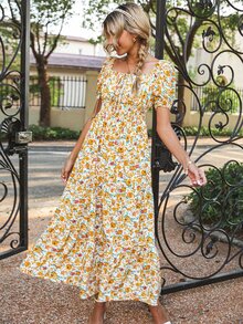 Allover Floral Print Shirred Ruched Bust Ruffle Hem Dress - Yellow - View 4