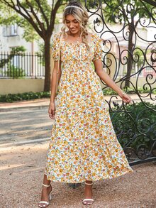 Allover Floral Print Shirred Ruched Bust Ruffle Hem Dress - Yellow - View 5