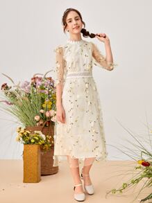 SHEIN Teen Girls Lace Insert Applique Mesh Overlay Dress - Beige - View 3