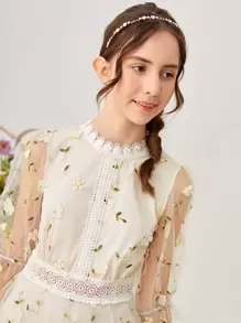 SHEIN Teen Girls Lace Insert Applique Mesh Overlay Dress - Beige - View 4