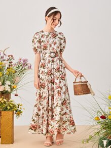 SHEIN 青少年女孩滿版印花泡泡袖上衣和金屬扣環腰帶裙子套裝