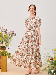 SHEIN 青少年女孩滿版印花泡泡袖上衣和金屬扣環腰帶裙子套裝