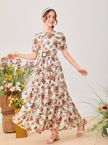 SHEIN 青少年女孩滿版印花泡泡袖上衣和金屬扣環腰帶裙子套裝