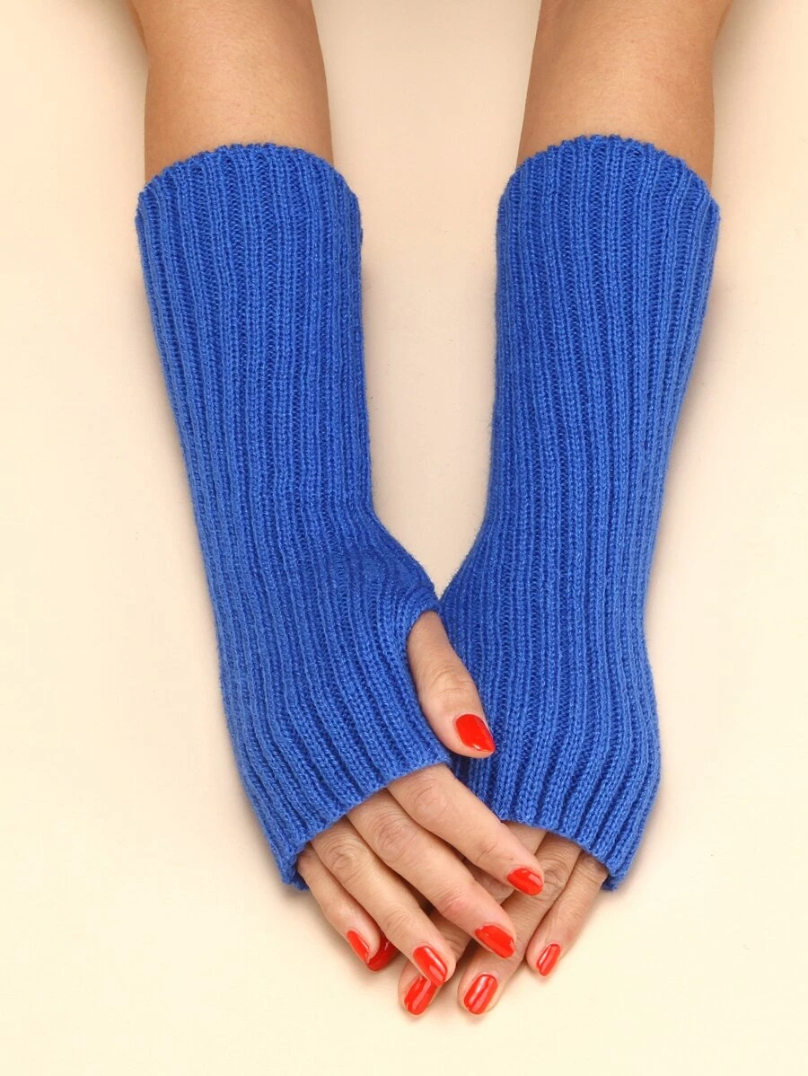 1pair Knitted Striped Fingerless Short Gloves For Women, Casual Style Suitable For Daily & Party Use - Royal Blue - View 1