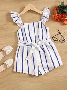 SHEIN Áo liền quần Gái Thắt lưng Xù Sọc Giải trí - trắng - Xem 1