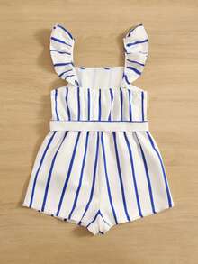 SHEIN Áo liền quần Gái Thắt lưng Xù Sọc Giải trí - trắng - Xem 2