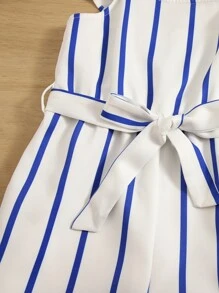 SHEIN Áo liền quần Gái Thắt lưng Xù Sọc Giải trí - trắng - Xem 3