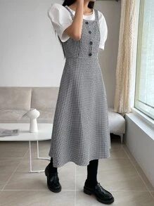 DAZY Đầm Nút phía trước Kẻ sọc Giải trí - Đen và trắng - Xem 8