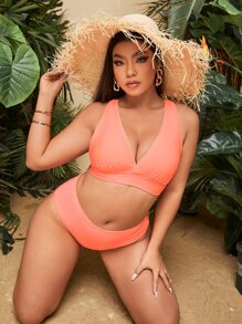 Bộ bikini lưng cao xếp nếp cổ chữ V có kích thước lớn đi biển mùa hè - Màu Cam san hô - Xem 1