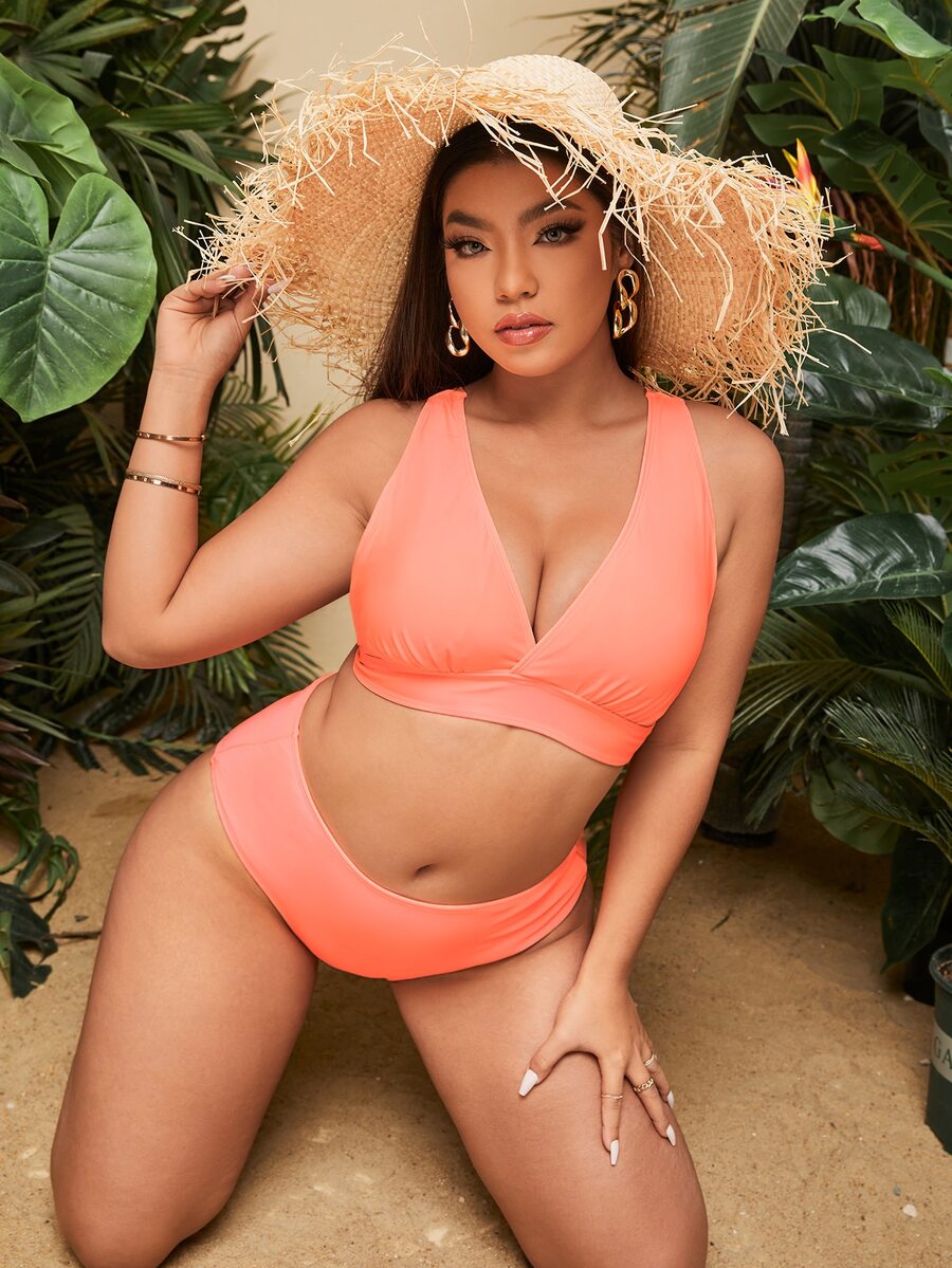 Bộ bikini lưng cao xếp nếp cổ chữ V có kích thước lớn đi biển mùa hè - Màu Cam san hô - Xem 1