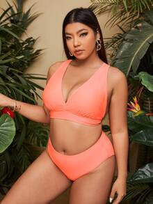 Bộ bikini lưng cao xếp nếp cổ chữ V có kích thước lớn đi biển mùa hè - Màu Cam san hô - Xem 4