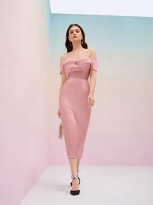 Modelyn Cold Shoulder Satin Dress - Baby Pink - View 1
