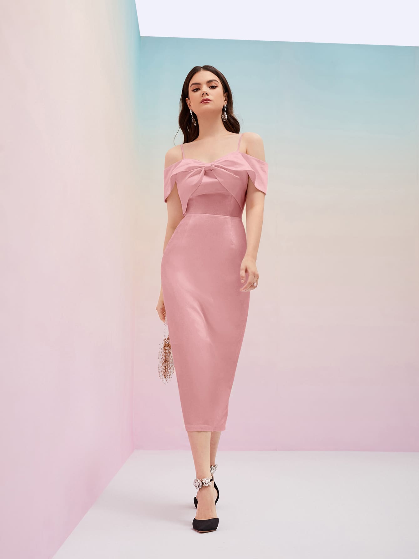 Modelyn Cold Shoulder Satin Dress - Baby Pink - View 1
