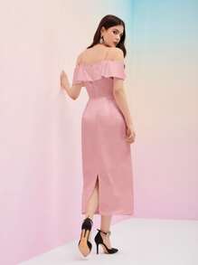 Modelyn Cold Shoulder Satin Dress - Baby Pink - View 2