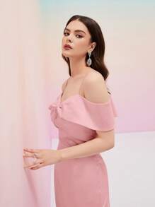 Modelyn Cold Shoulder Satin Dress - Baby Pink - View 4
