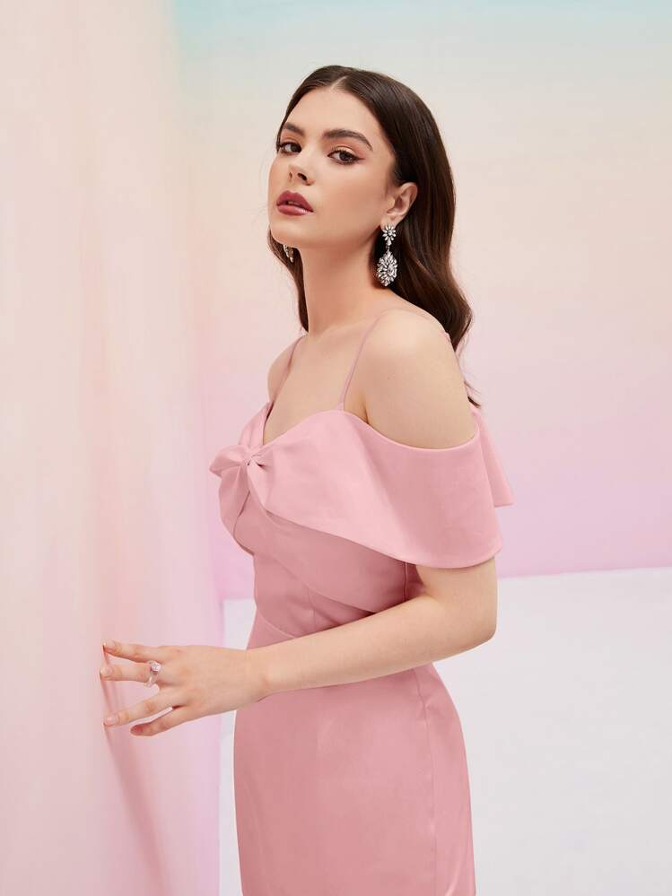 Modelyn Cold Shoulder Satin Dress - Baby Pink - View 4