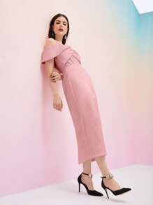 Modelyn Cold Shoulder Satin Dress - Baby Pink - View 5