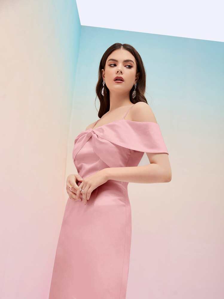 Modelyn Cold Shoulder Satin Dress - Baby Pink - View 6