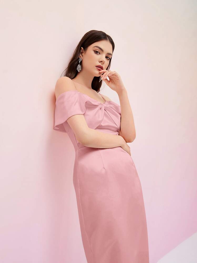 Modelyn Cold Shoulder Satin Dress - Baby Pink - View 7