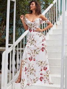 Missord Vestido de muslo con abertura con estampado floral de hombros descubiertos ribete con fruncido - Multicolor - Ver 4