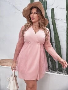 SHEIN Unity Đầm Plus Size Tương phản Mesh Nút đôi Trọn gói Chấm bi Thanh lịch - Bụi hồng - Xem 3