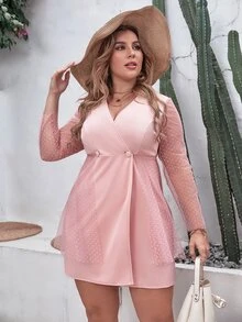 SHEIN Unity Đầm Plus Size Tương phản Mesh Nút đôi Trọn gói Chấm bi Thanh lịch - Bụi hồng - Xem 5