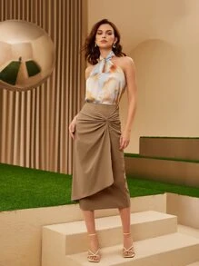 Modelyn High Waist Twist Front Wrap Skirt - Brown - View 7