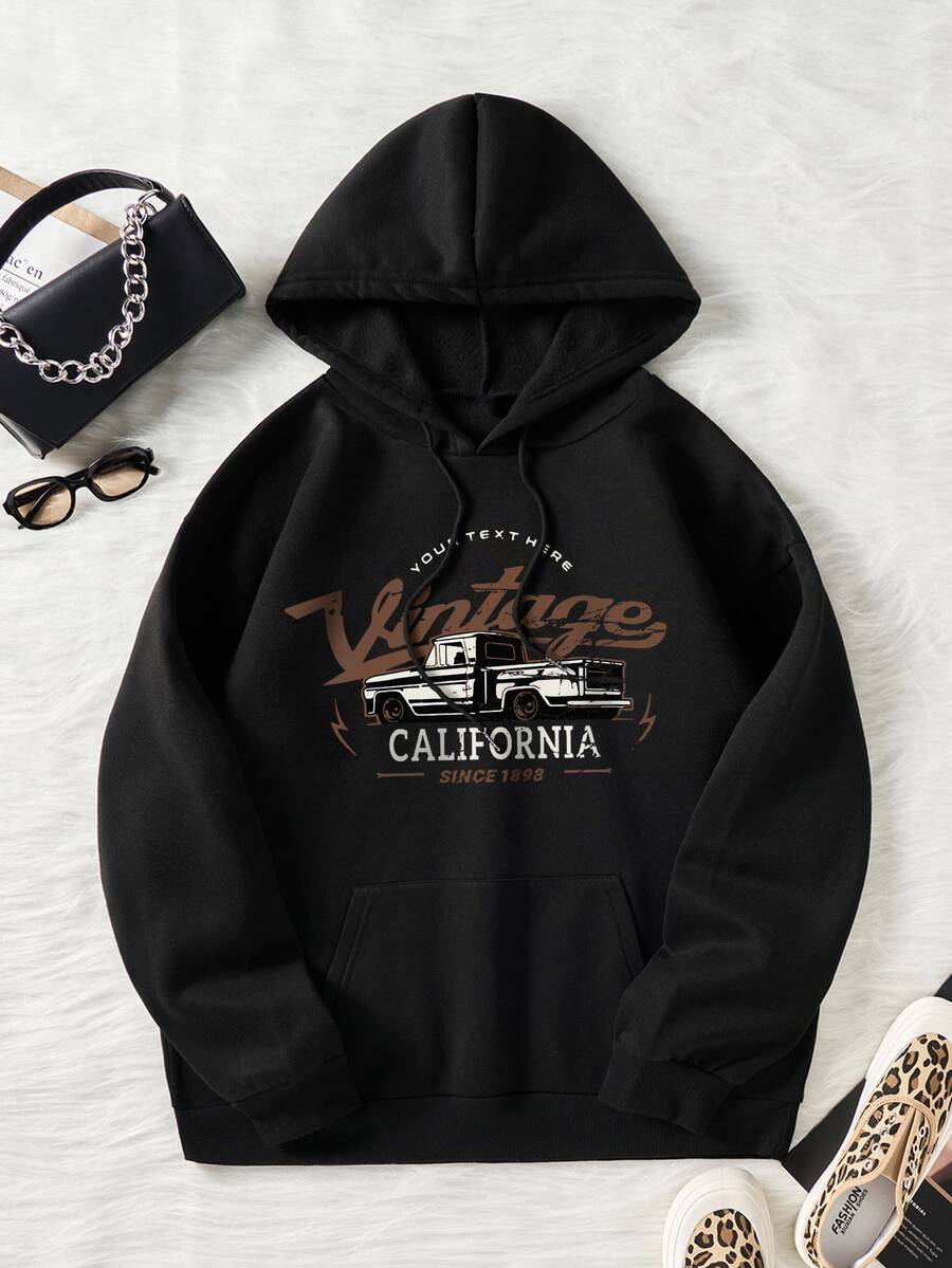 Áo hoodie ấm áp Đồ họa ô tô và chữ cái Túi kangaroo Dây rút - màu đen - Xem 1