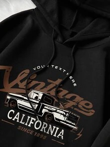 Áo hoodie ấm áp Đồ họa ô tô và chữ cái Túi kangaroo Dây rút - màu đen - Xem 6