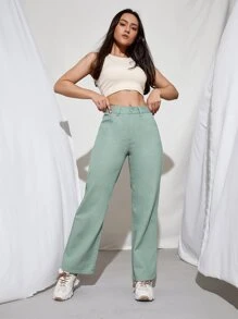Jeans rectos de cintura media con lavado de piedra - verde menta - Ver 1