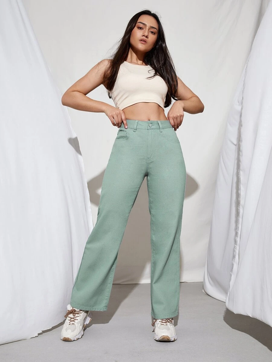 Jeans rectos de cintura media con lavado de piedra - verde menta - Ver 1