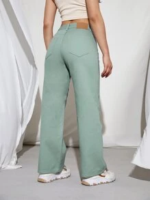 Jeans rectos de cintura media con lavado de piedra - verde menta - Ver 2