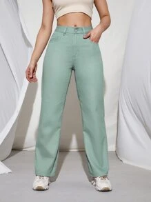 Jeans rectos de cintura media con lavado de piedra - verde menta - Ver 3